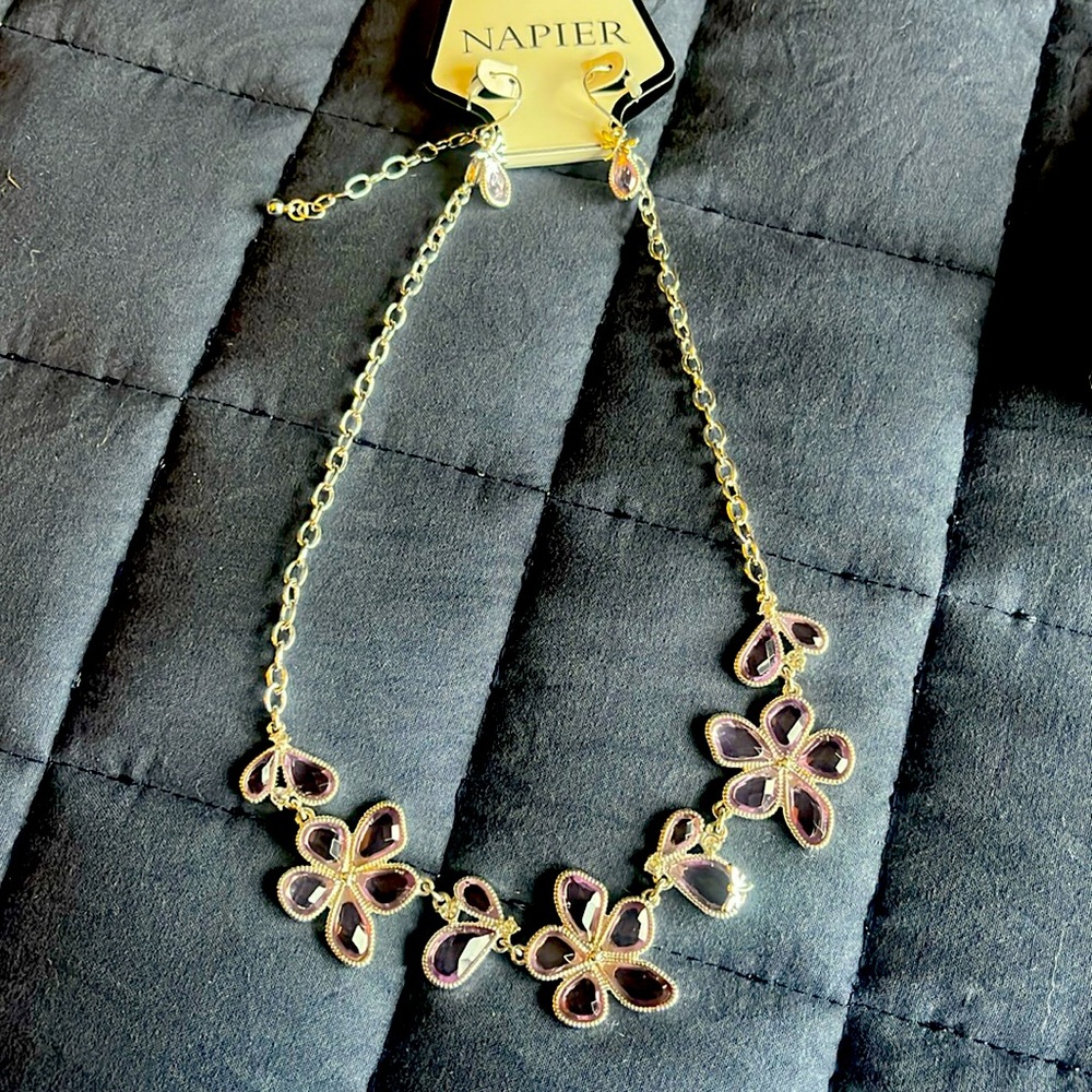 NWT Napier Silver/Purple Floral Necklace and Earrings Set